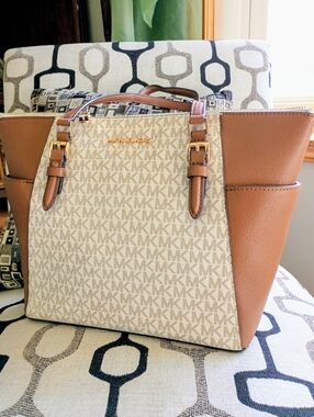 Michael Kors Tan and Beige Signature Logo Shoulder Bag